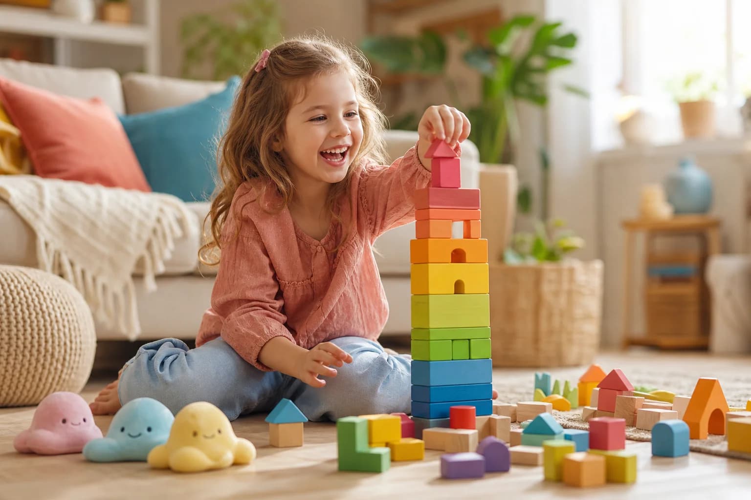 Child playing with colorful building blocks